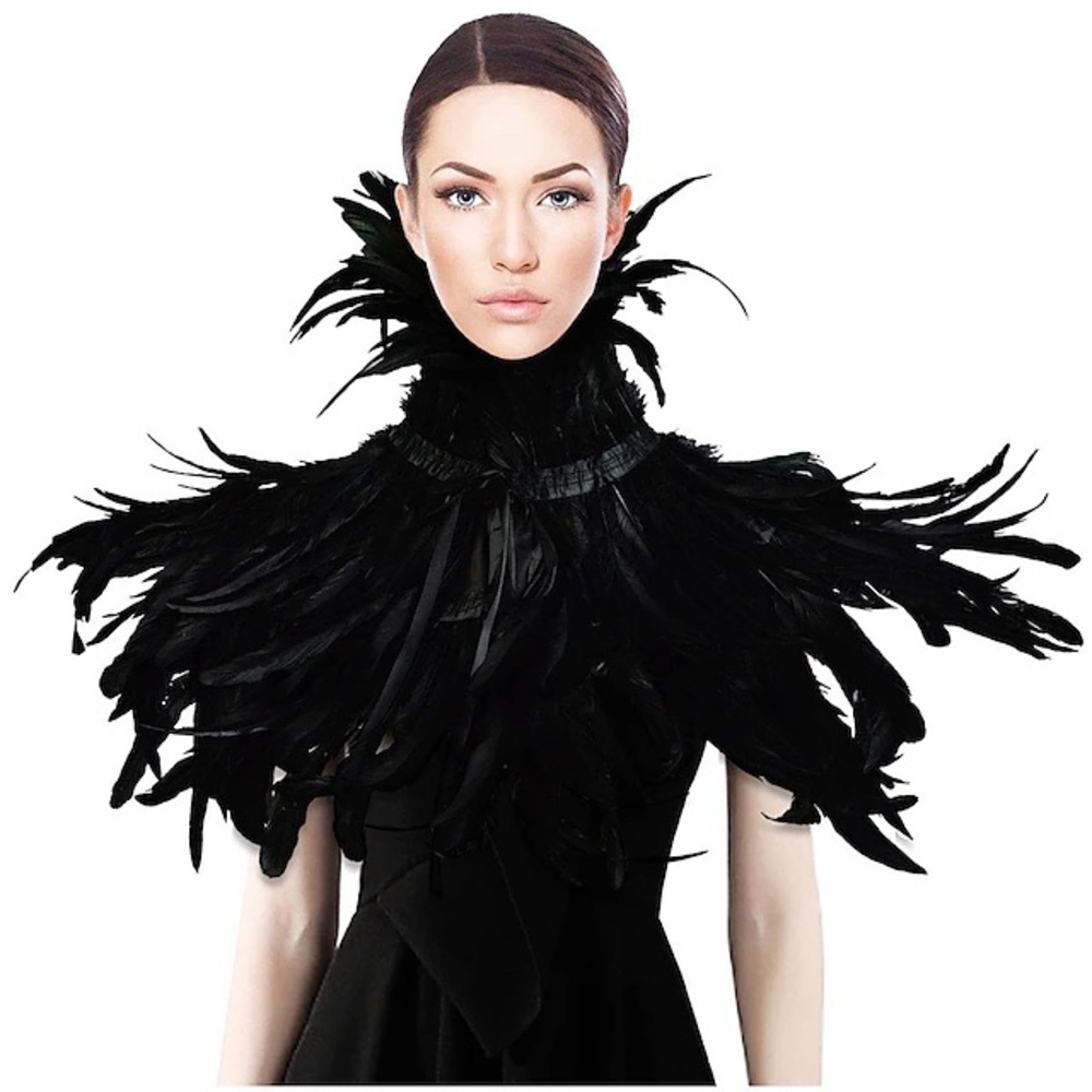 Black Feathered Statement Capelet - Women Gothic